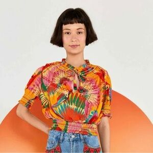 Farm Rio Orange Colorful Toucans Embroidered Blouse, size XS, worn once